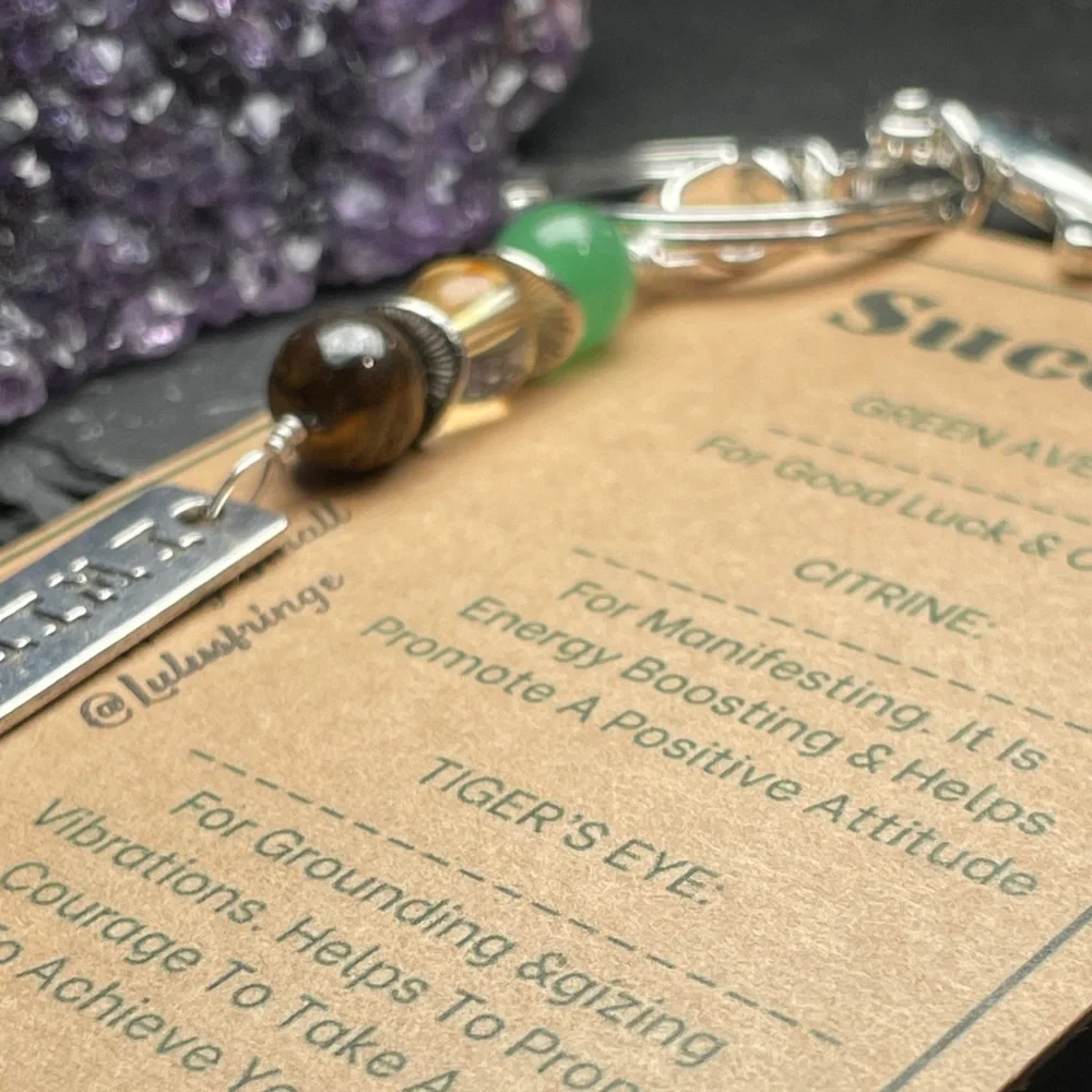 Success Crystal Guide Card And Green Aventurine Citrine And Tigers Eye Keychain
